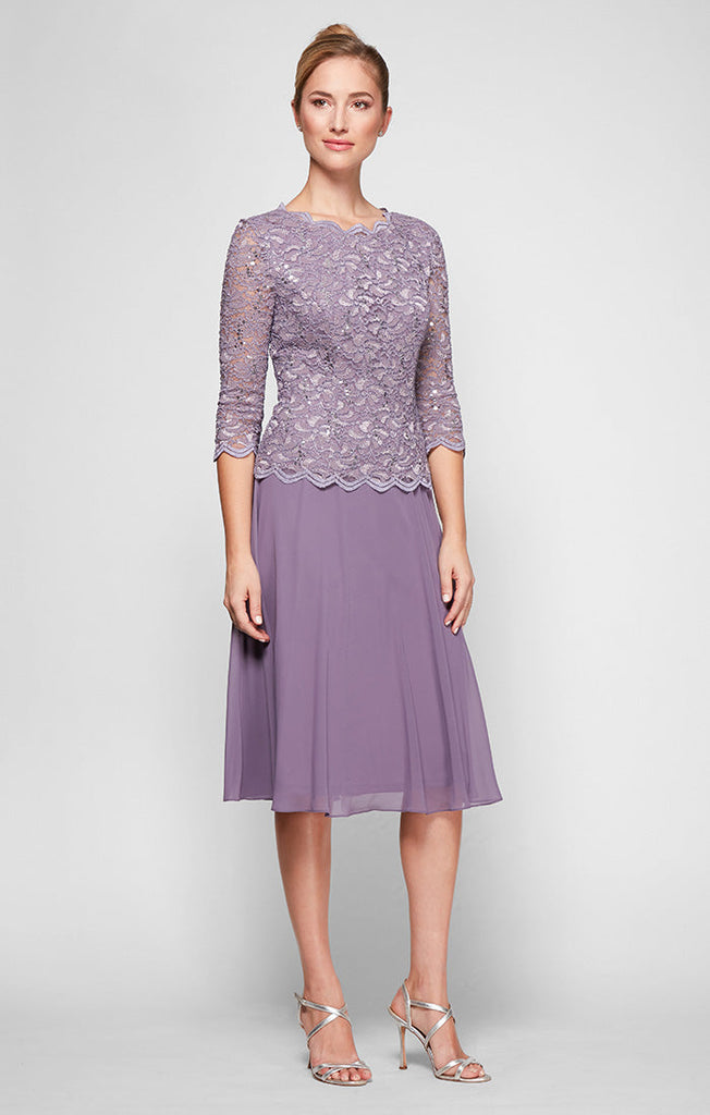 Tea-Length Dress with Sequin Lace Bodice & Chiffon Skirt