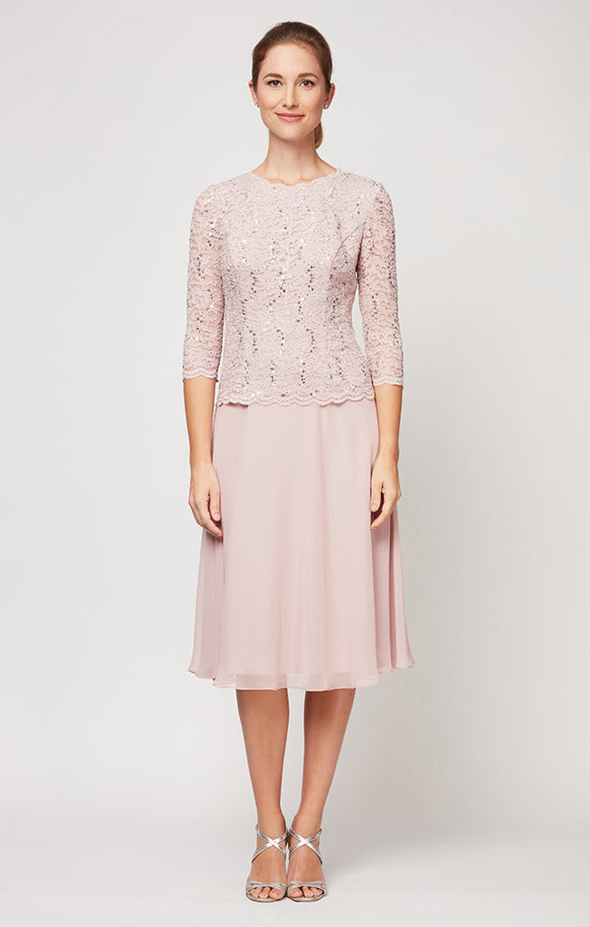 Tea-Length Dress with Sequin Lace Bodice & Chiffon Skirt