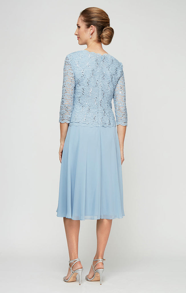 Tea-Length Dress with Sequin Lace Bodice & Chiffon Skirt