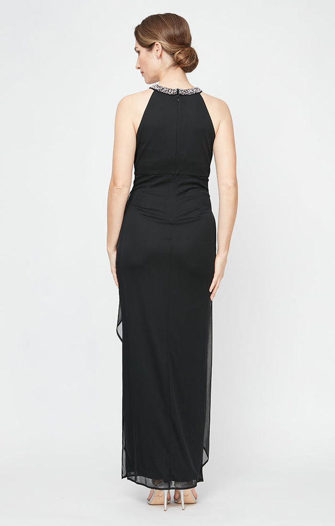 Beaded Halter Style Neckline Dress and Cascade Ruffle Detail Skirt