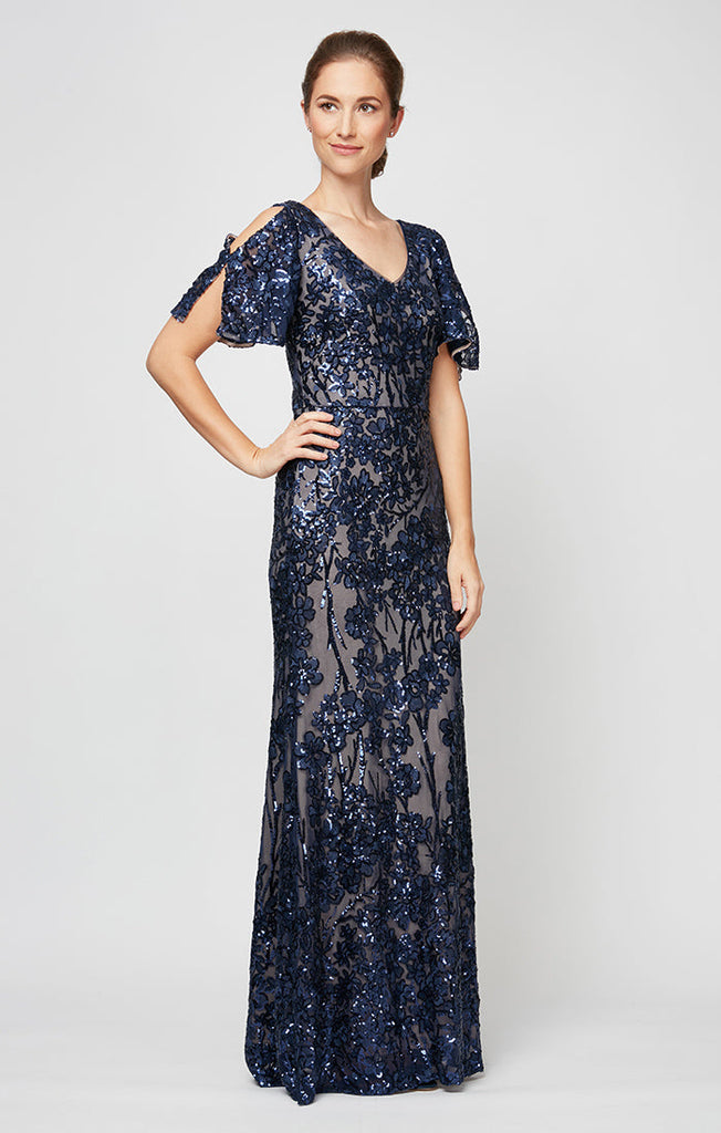 V-Neck Sequin Dress with Cold Shoulder Flutter Sleeve