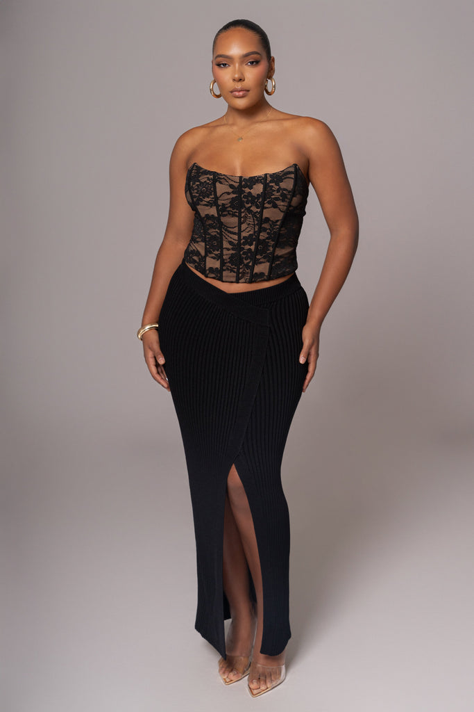 Black Hamptons Ribbed Slit Skirt